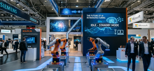 Robotic arms exhibited with signs reading 'Robots at rest: AI-powered optimization' and 'Predictive maintenance in action' at Hannover Messe 2023