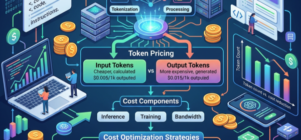 Infographic showing large language model cost optimization process with input prompts, token pricing, cost components, strategies, and savings.