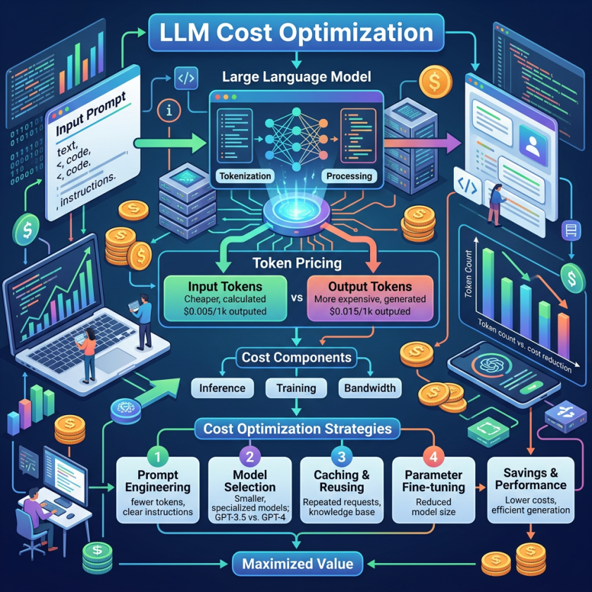 Infographic showing large language model cost optimization process with input prompts, token pricing, cost components, strategies, and savings.