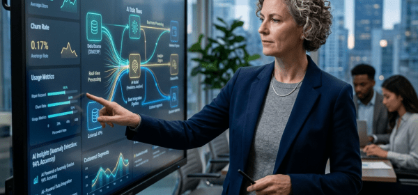 Businesswoman pointing to digital screen showing SaaS performance charts and AI data flows