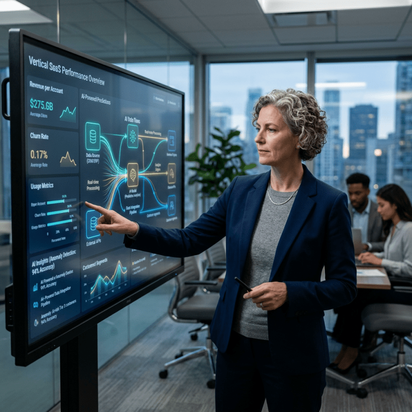 Businesswoman pointing to digital screen showing SaaS performance charts and AI data flows