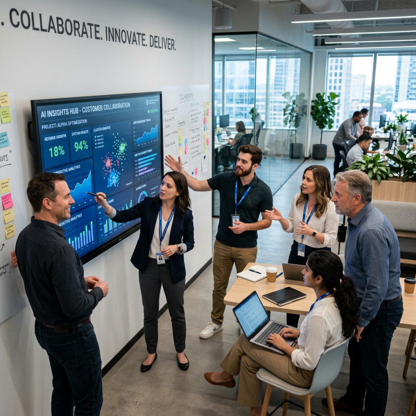Team of professionals collaborating on AI project data shown on a large screen.