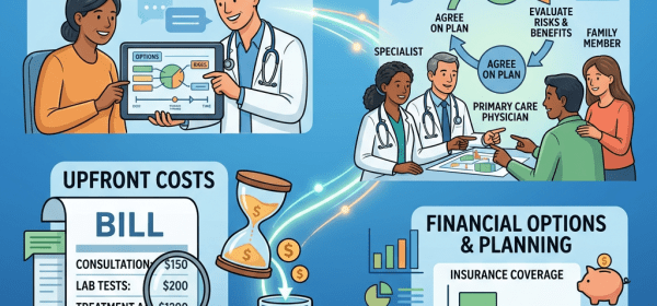 Healthcare professionals and patients discussing options, costs, and financial planning for transparent decision-making