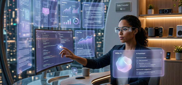 Woman operating futuristic AI interfaces with data charts in modern office