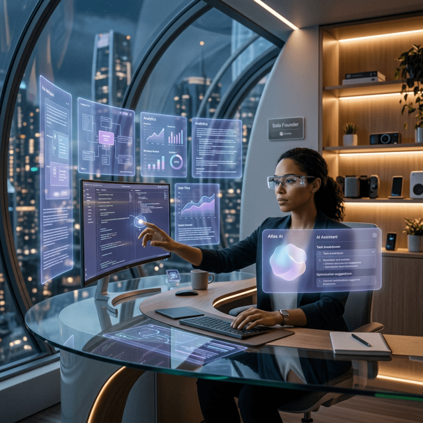 Woman operating futuristic AI interfaces with data charts in modern office
