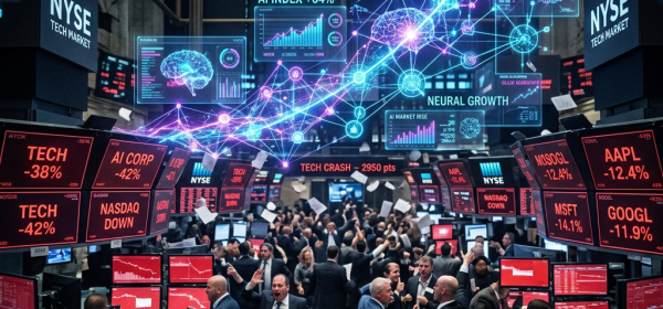 Stock market trading floor with falling tech stocks and rising AI growth charts