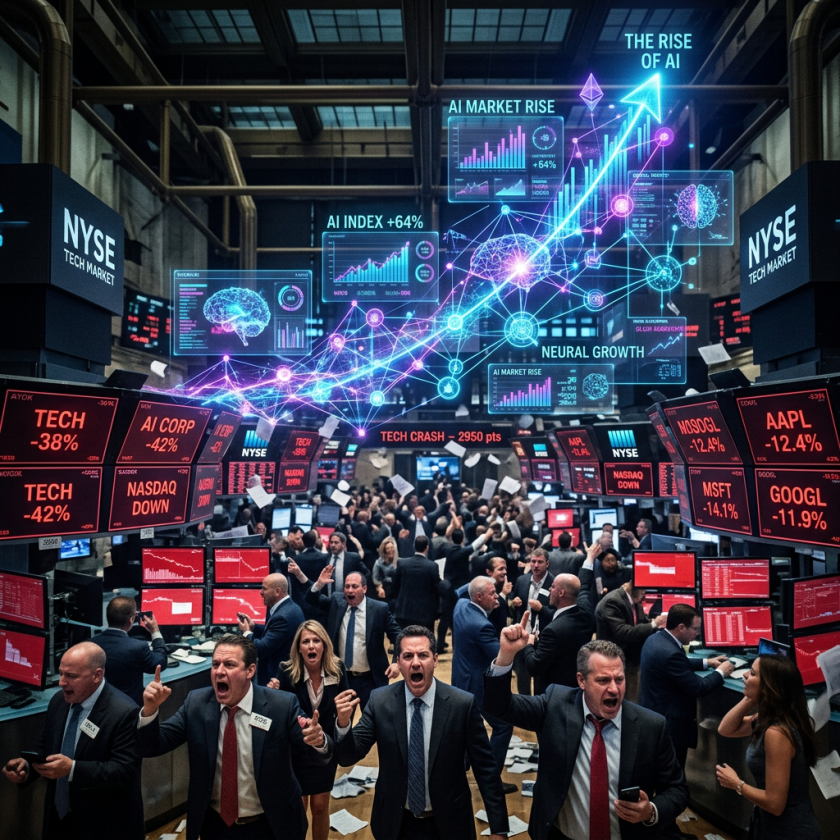 Stock market trading floor with falling tech stocks and rising AI growth charts