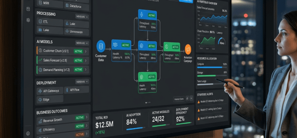 AI innovation dashboard showing data ingestion, AI models, modular AI pipeline, ROI, and performance statistics