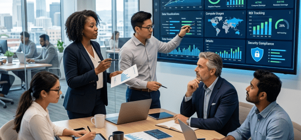 A group of professionals in a meeting room analyzing AI integration framework data on a screen