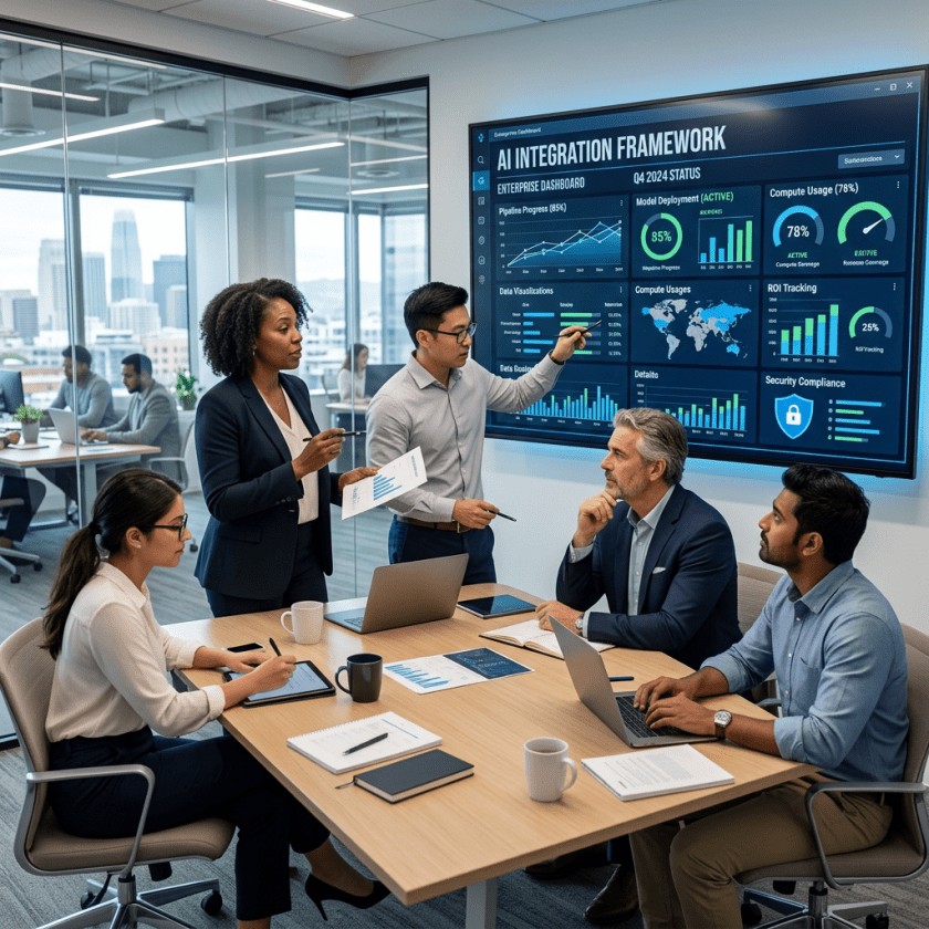 A group of professionals in a meeting room analyzing AI integration framework data on a screen