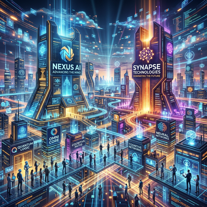 Digital city with skyscrapers labeled Nexus AI, Synapse Technologies, Quantum Logic, Omni Core, Cognitive Paths, and Neural Networks with people interacting with holographic interfaces