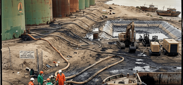Workers operating pumps and hoses at an oil terminal cleanup by water
