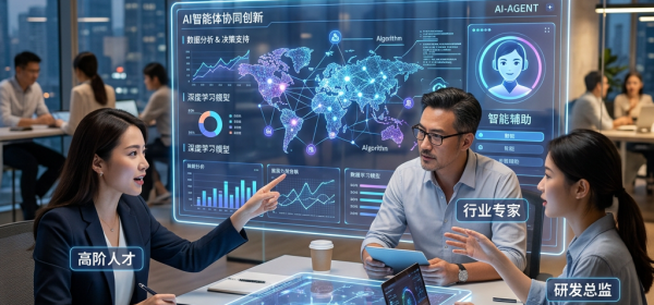 Three professionals discussing AI data visualizations and global network analytics in an office.