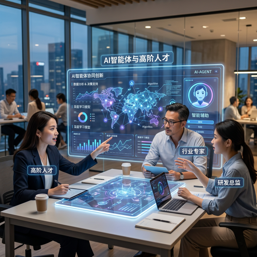 Three professionals discussing AI data visualizations and global network analytics in an office.
