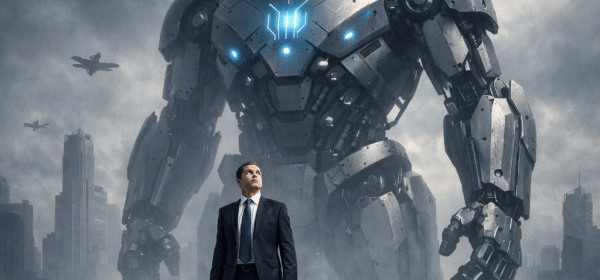 Businessman with briefcase looking up at giant futuristic robot with glowing blue eyes