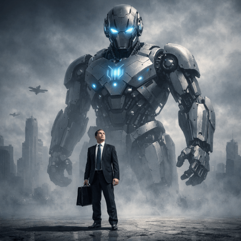 Businessman with briefcase looking up at giant futuristic robot with glowing blue eyes