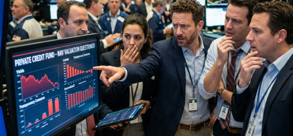 Group of financial traders examining private credit fund valuation charts on computer monitors