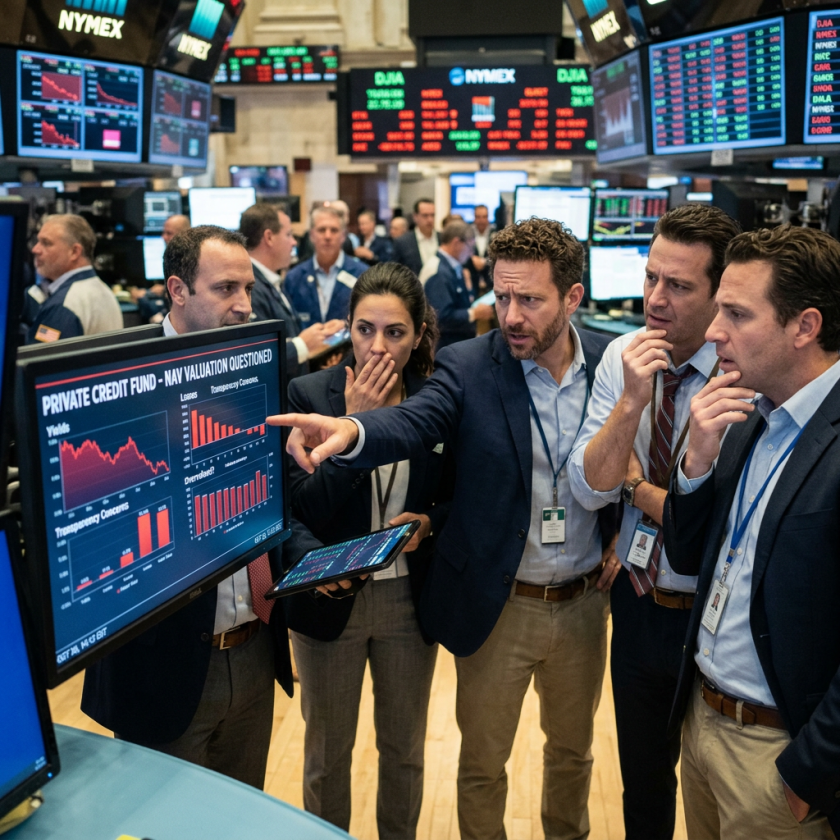 Group of financial traders examining private credit fund valuation charts on computer monitors