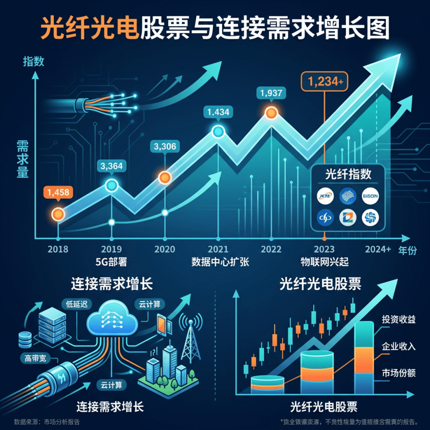 Chart displaying fiber optic and optoelectronic stock indices and connection demand growth from 2018 to 2024 plus