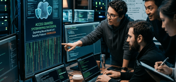 Four cybersecurity researchers collaborating and analyzing an AI security breach on computer screens