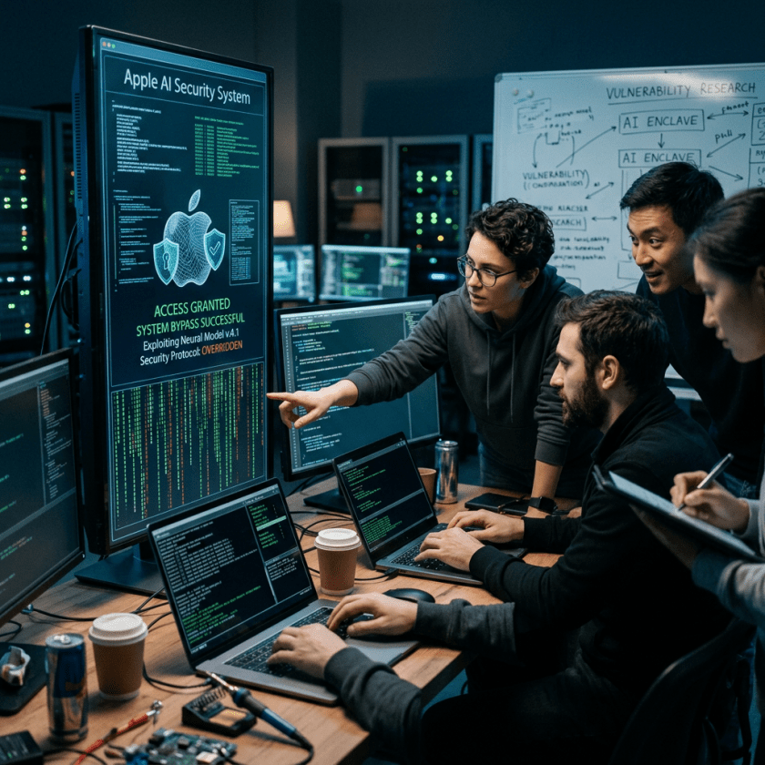 Four cybersecurity researchers collaborating and analyzing an AI security breach on computer screens