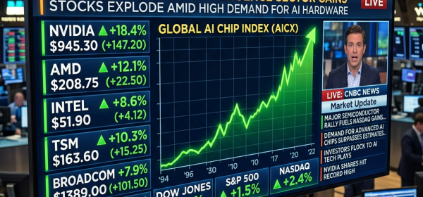 Stock market data displaying significant gains for AI chip companies and rising global AI chip index