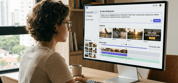 Person creating AI video ad for 'Pesk Pulse' shoes on computer