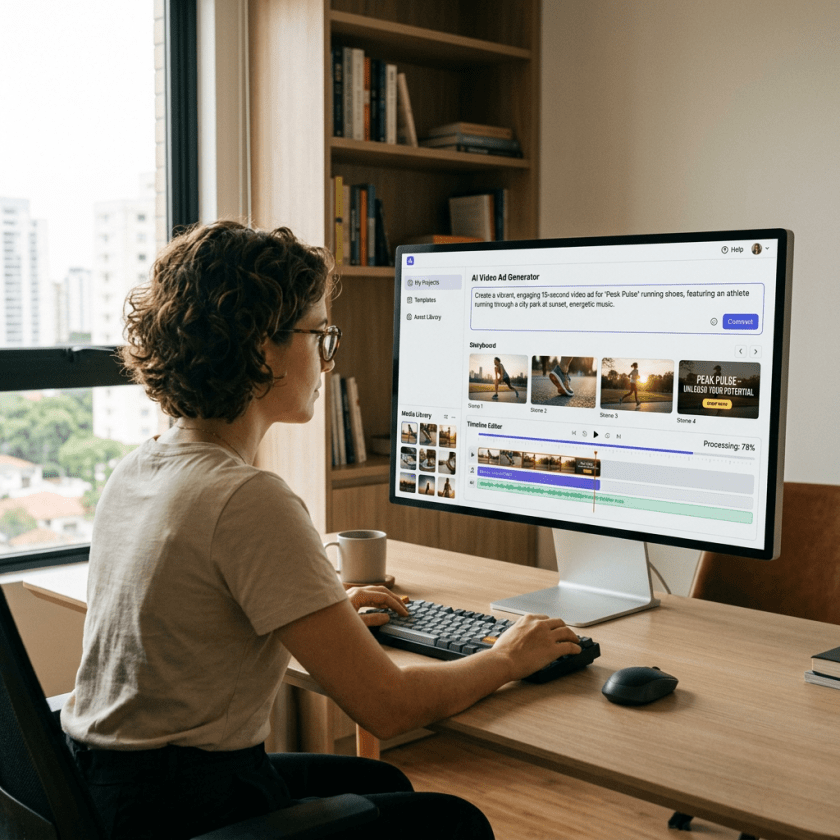 Person creating AI video ad for 'Pesk Pulse' shoes on computer