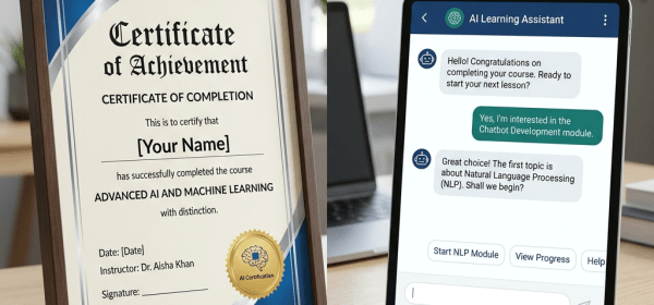 Framed certificate for advanced AI course completion and tablet showing AI assistant chat about chatbot development and NLP module