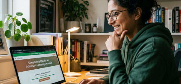 Person smiling and interacting with laptop showing an advanced language models course completion page