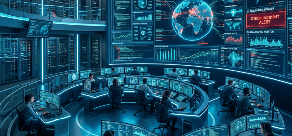 Cybersecurity operations center with analysts monitoring global cyber incident alert