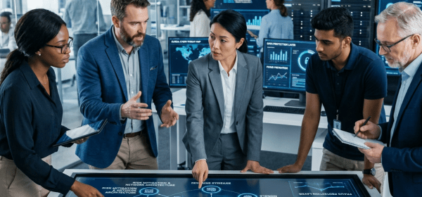 Team collaborating around large interactive digital cybersecurity dashboard in office