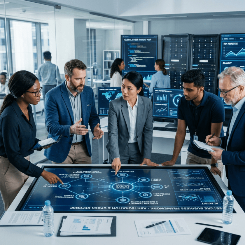 Team collaborating around large interactive digital cybersecurity dashboard in office