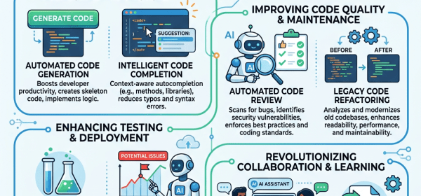 Diagram showing AI coding tools accelerating development lifecycle, improving code quality, enhancing testing, and revolutionizing collaboration