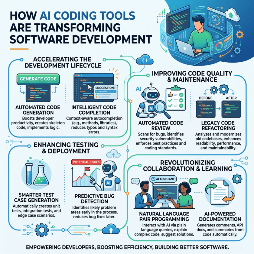 Diagram showing AI coding tools accelerating development lifecycle, improving code quality, enhancing testing, and revolutionizing collaboration