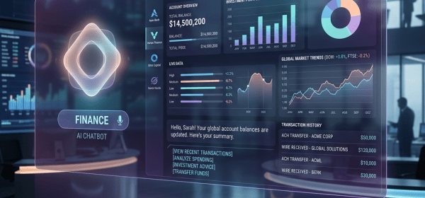 Interactive AI finance chatbot dashboard showing bank data, portfolio performance, asset allocation, market trends, and transaction history