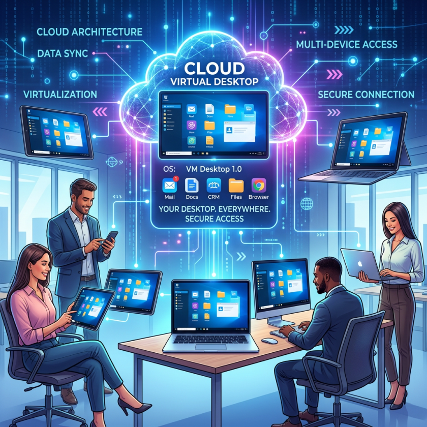 Team members using various devices connected to a cloud virtual desktop platform