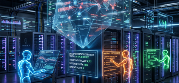 Futuristic data center with holographic AI agents managing network security and threats