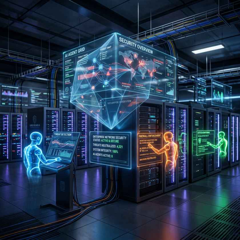 Futuristic data center with holographic AI agents managing network security and threats