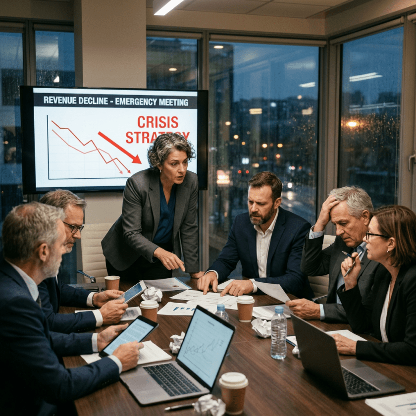 Group of business professionals in an emergency meeting discussing revenue decline and crisis strategy
