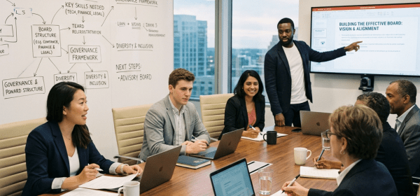 Group of six diverse professionals in a meeting room discussing board recruitment strategy with charts on whiteboard and presentation screen