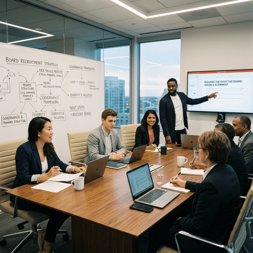 Group of six diverse professionals in a meeting room discussing board recruitment strategy with charts on whiteboard and presentation screen