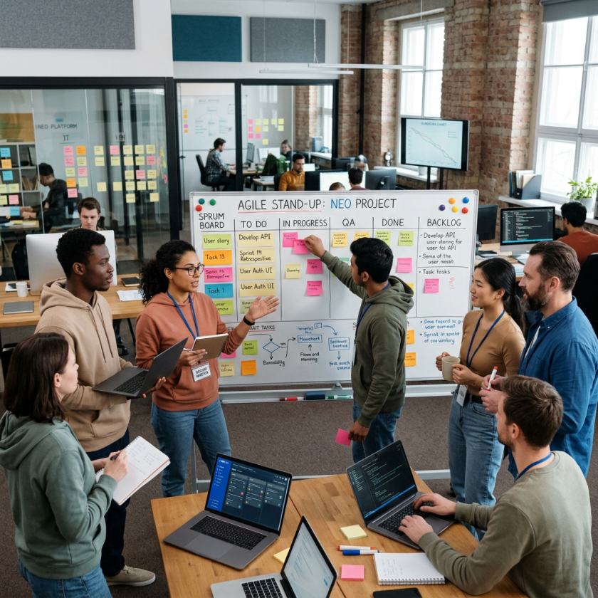 A diverse group of people discussing tasks on an Agile project board with laptops and notes