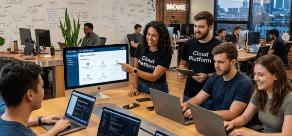 Team of six developers working together with laptops and a screen showing cloud platform interface
