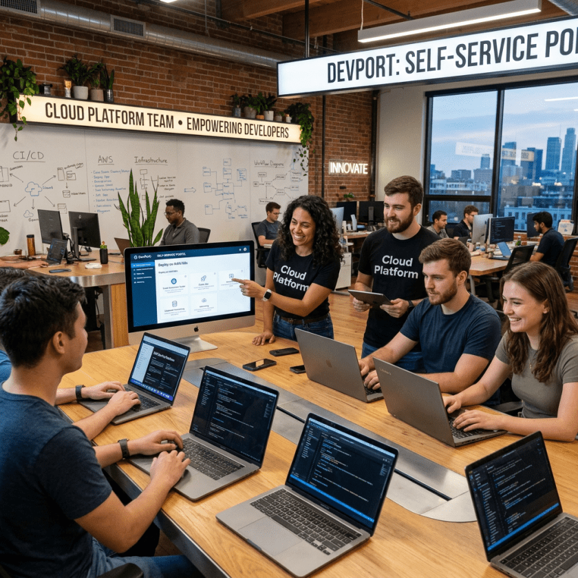 Team of six developers working together with laptops and a screen showing cloud platform interface