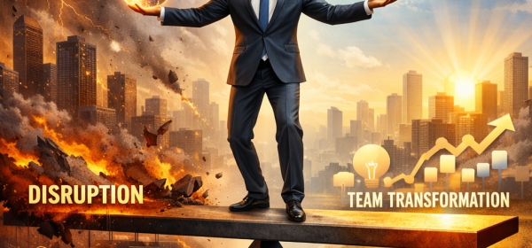 Businessman balancing on a seesaw holding a fiery globe and team icons