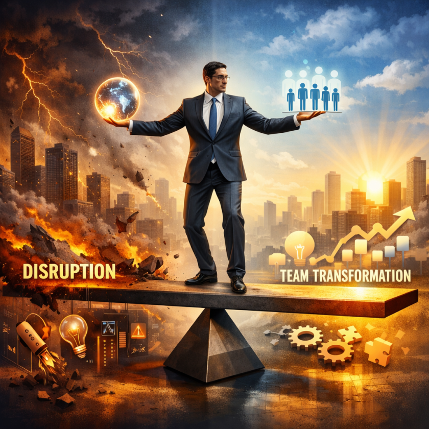 Businessman balancing on a seesaw holding a fiery globe and team icons