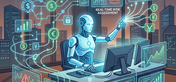 Robotic AI managing automated asset allocation, risk assessment, compliance, and ledger reconciliation on multiple screens