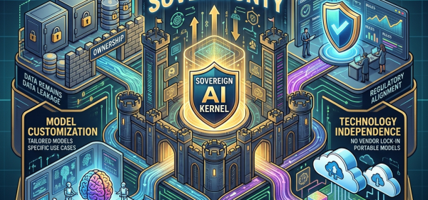 Diagram showing enterprise AI sovereignty with data privacy, governance, model customization, and technology independence.