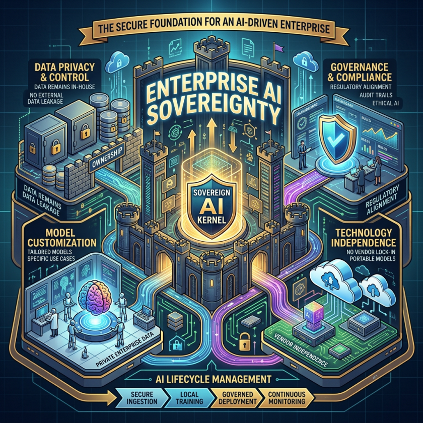 Diagram showing enterprise AI sovereignty with data privacy, governance, model customization, and technology independence.